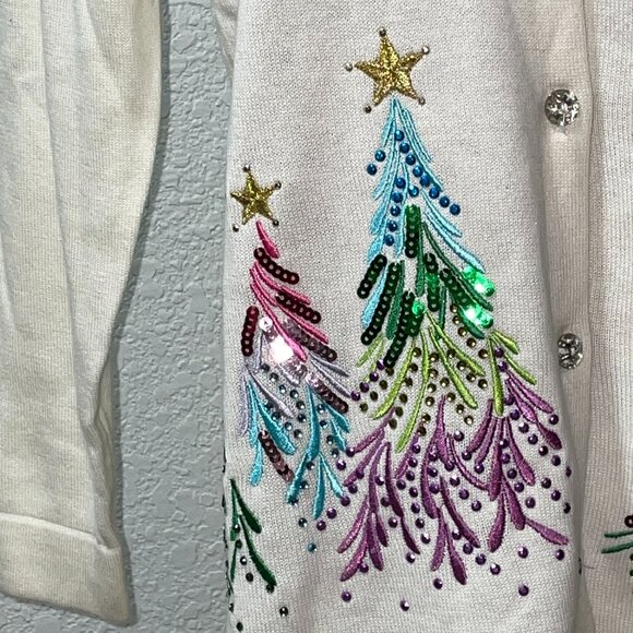 NWT White Sequined Sparkly Christmas Trees Cardigan Sweater QUACKER FACTORY XS - Picture 5 of 7